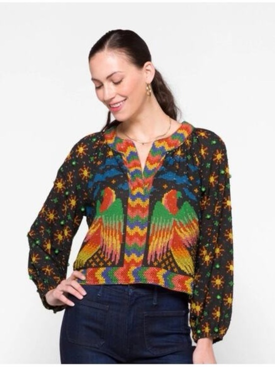FARM Rio Tops - Farm Rio Black Macaw Night Blouse